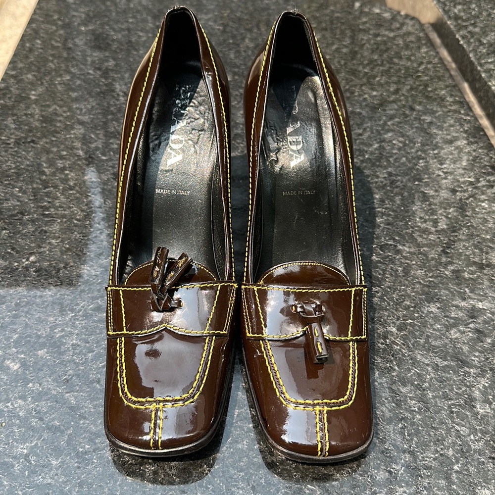 Prada Chocolate patent leather with yellow stitching  heel